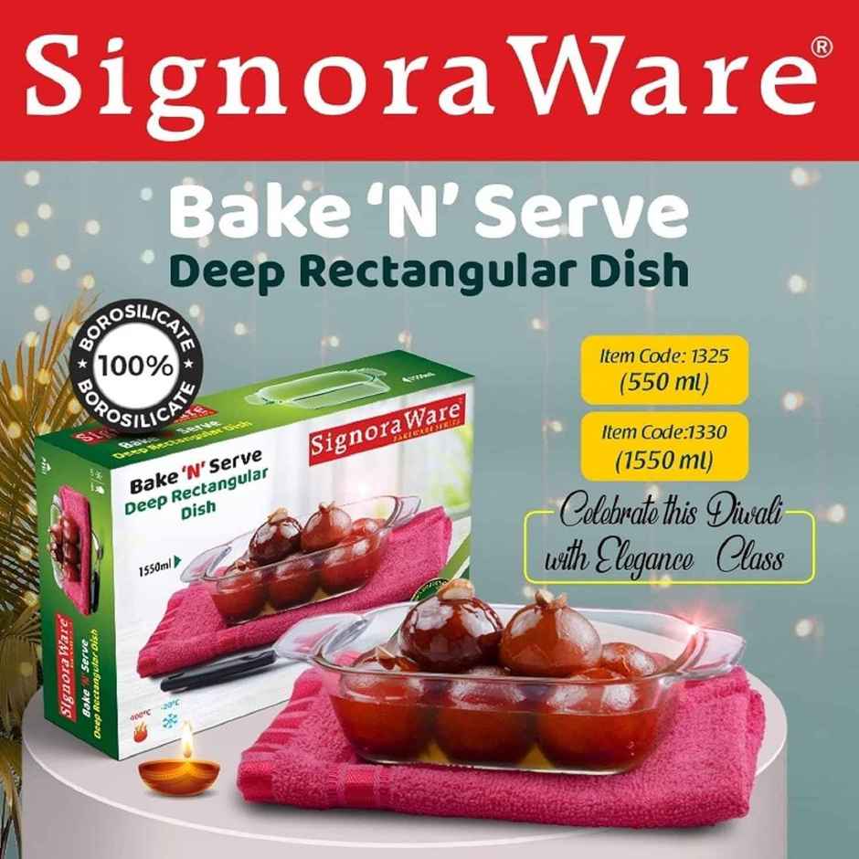 Signoraware Bake N Serve Deep Rectangular Dish | 550 ml | Clear | Baking Dish, Glass Bakeware