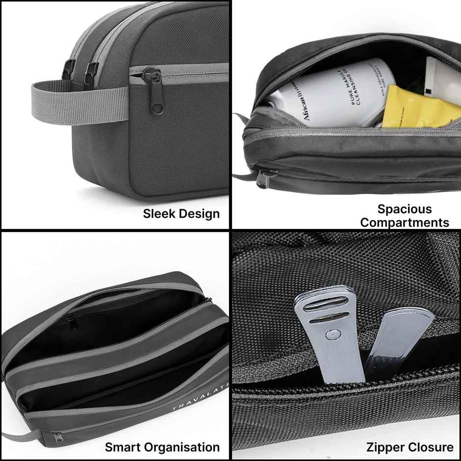 TRAVALATE Polyester Multipurpose Double Compartment Toiletry Kit Bag | Grey