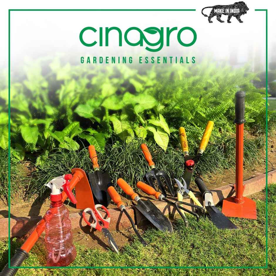 Cinagro Garden Tools- 9 Pcs, Weeder, 2 Trowels, Hand Fork, Cultivator, Scissor, Pruner,Glove, Spray
