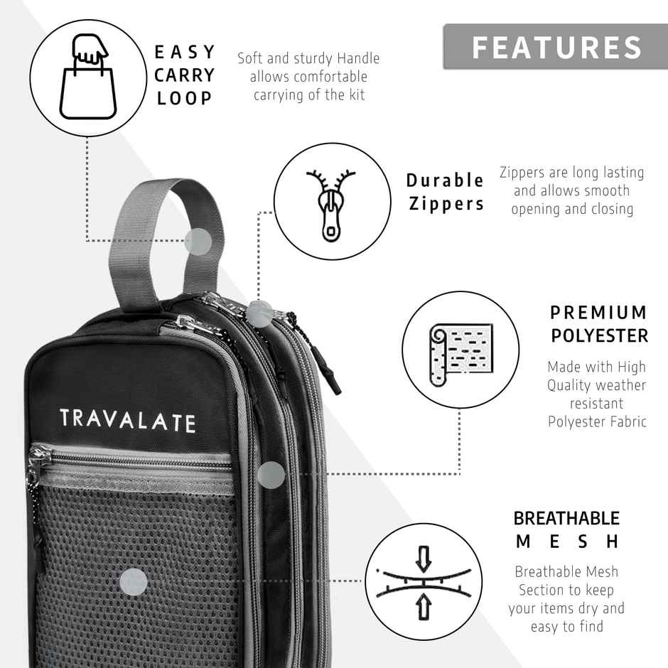 TRAVALATE Three Compartment Travel Toiletry Kit | Black