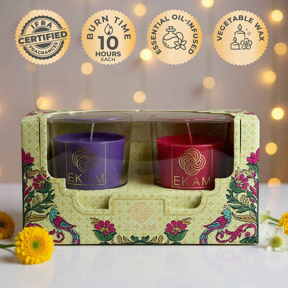 EKAM Scented Votive Candles (2 pcs) | Lavender & Sandalwood, Rose & Lily | 43g Each | 10H Burn