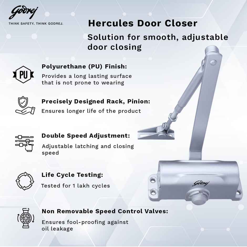 Godrej Hercules Door Closer | Wooden, Aluminum & Metal Doors | Compact Design | Silver Finish