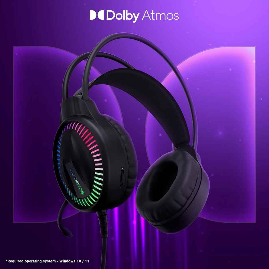 Zebronics Blitz C Dolby Atmos Gaming Over Ear Wired Headphone,50Mm Neodymium Drivers, Padded Headband, Lightweight & Comfortable, RGB Lights,Flexible Mic,Type-C Connector,Black