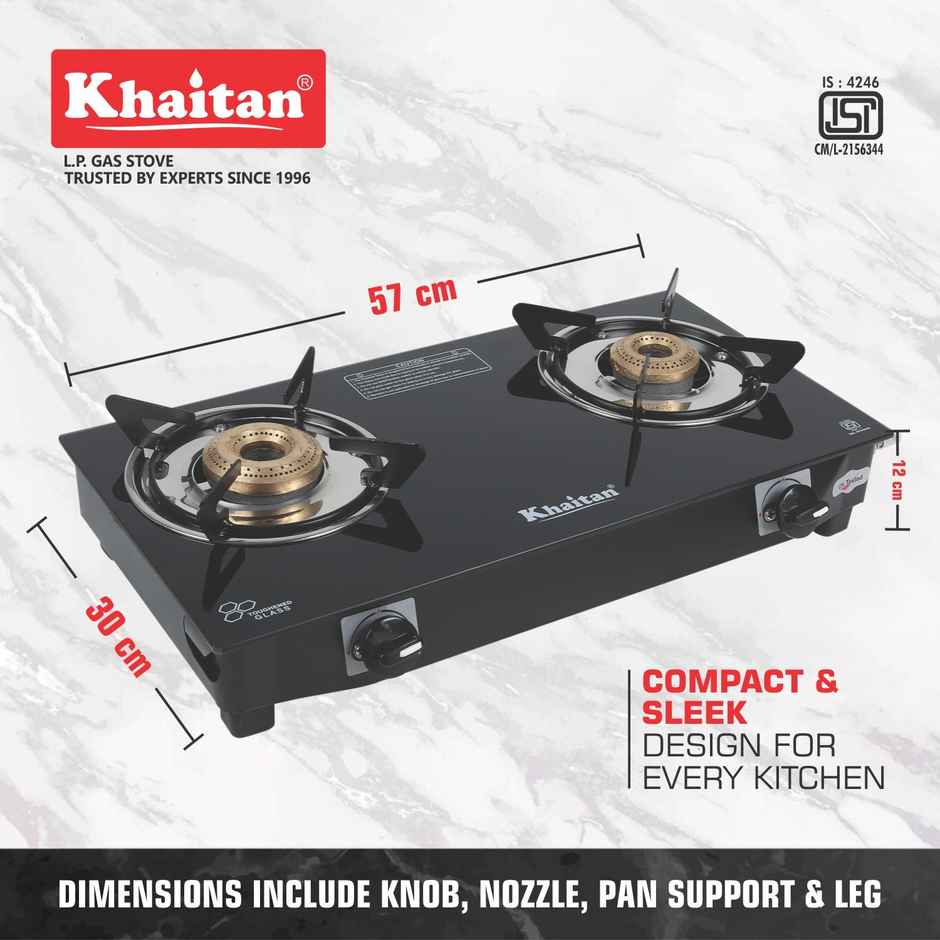 Khaitan 2 Burner Nano Premium Toughened Glass | LPG Cooktop I Manual Ignition Stove | Black
