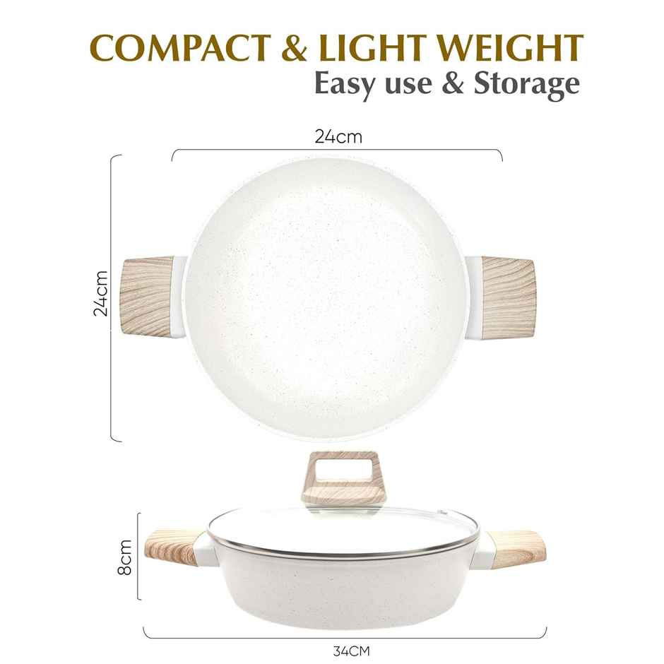 Solara Belmont Ceramic Non Stick Kadhai with Lid | Ivory | 24 cm | 2.2 L