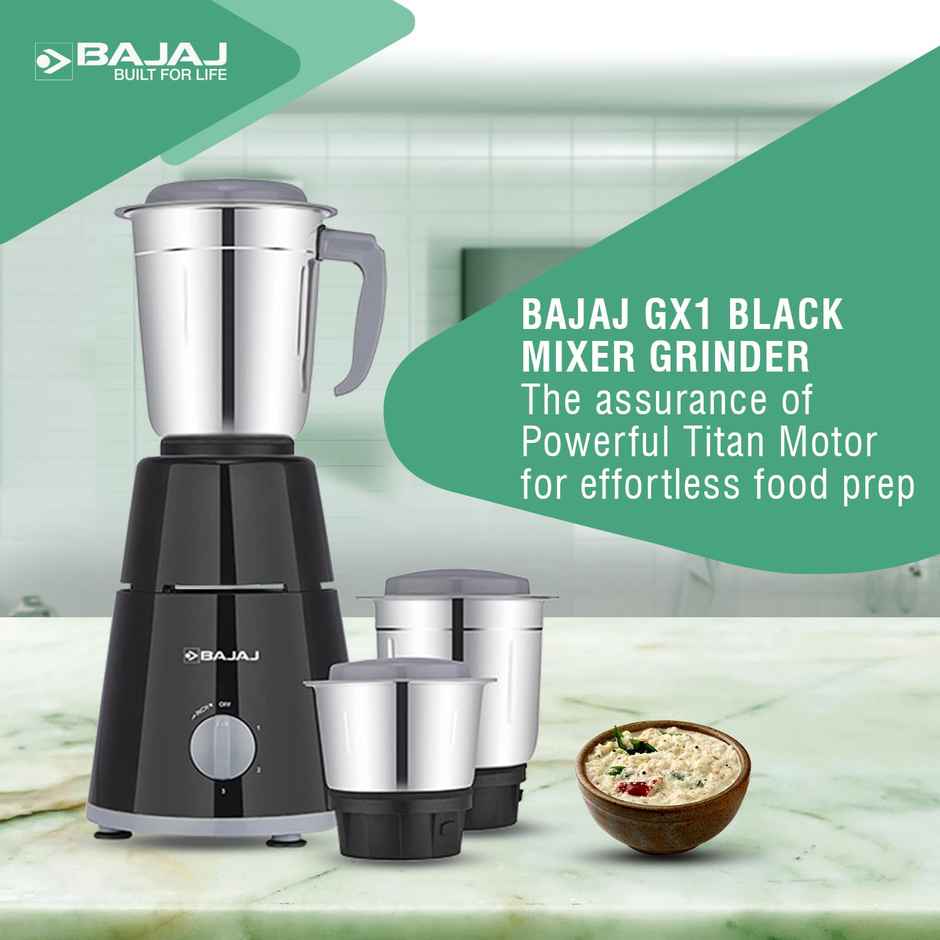 Bajaj GX-1 Mixer Grinder 500W | Superior Mixie For Kitchen |3 Stainless Steel Mixer Jars, 2-In-1 For Dry Grinding |Blade Function With Titan Motor,  Black