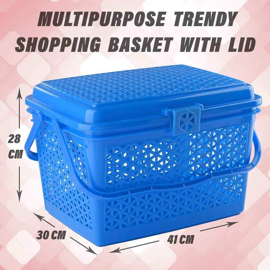 Kuber Industries Plastic Shopping Basket with Lid | Trendy Multipurpose | Blue