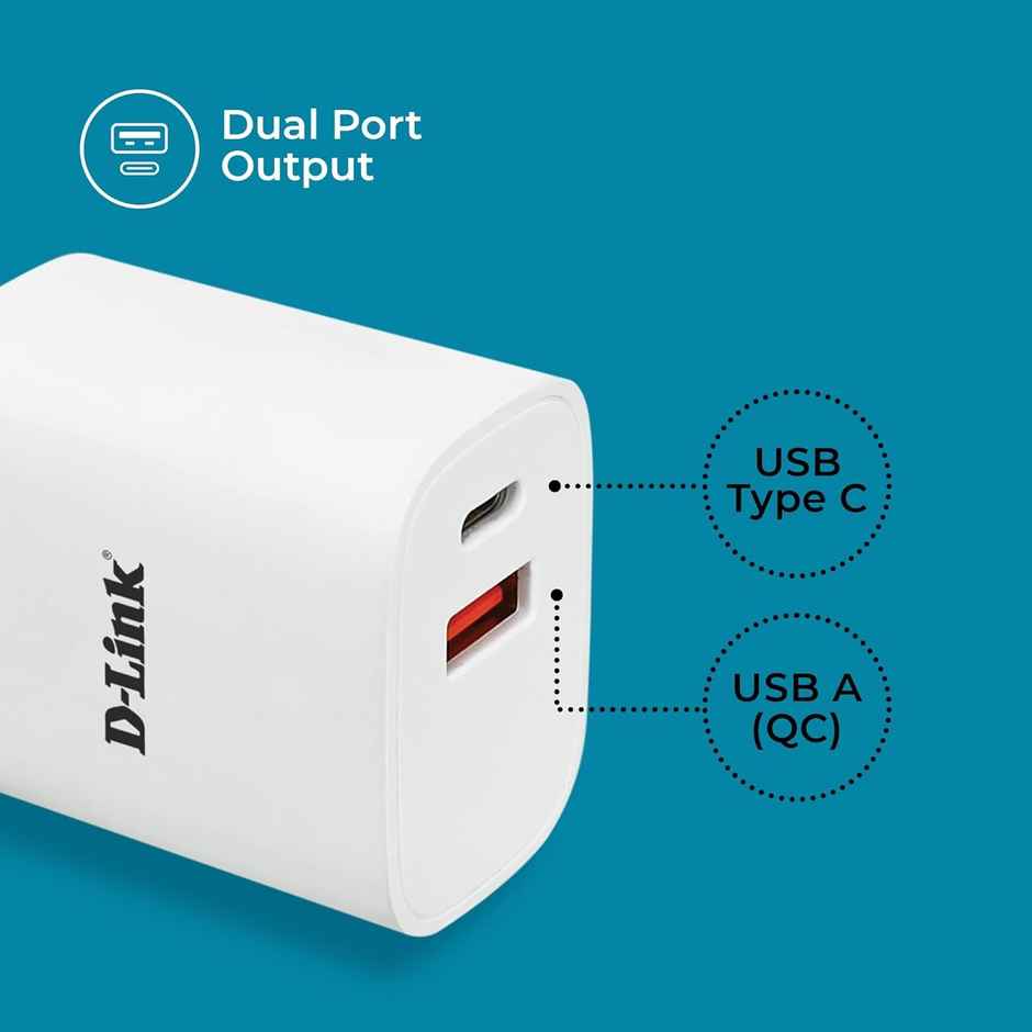D-Link 33W Dual Port Fast Charger Type-C & Usb-A,Free Type C To Type C 3A(60W) Cable-White