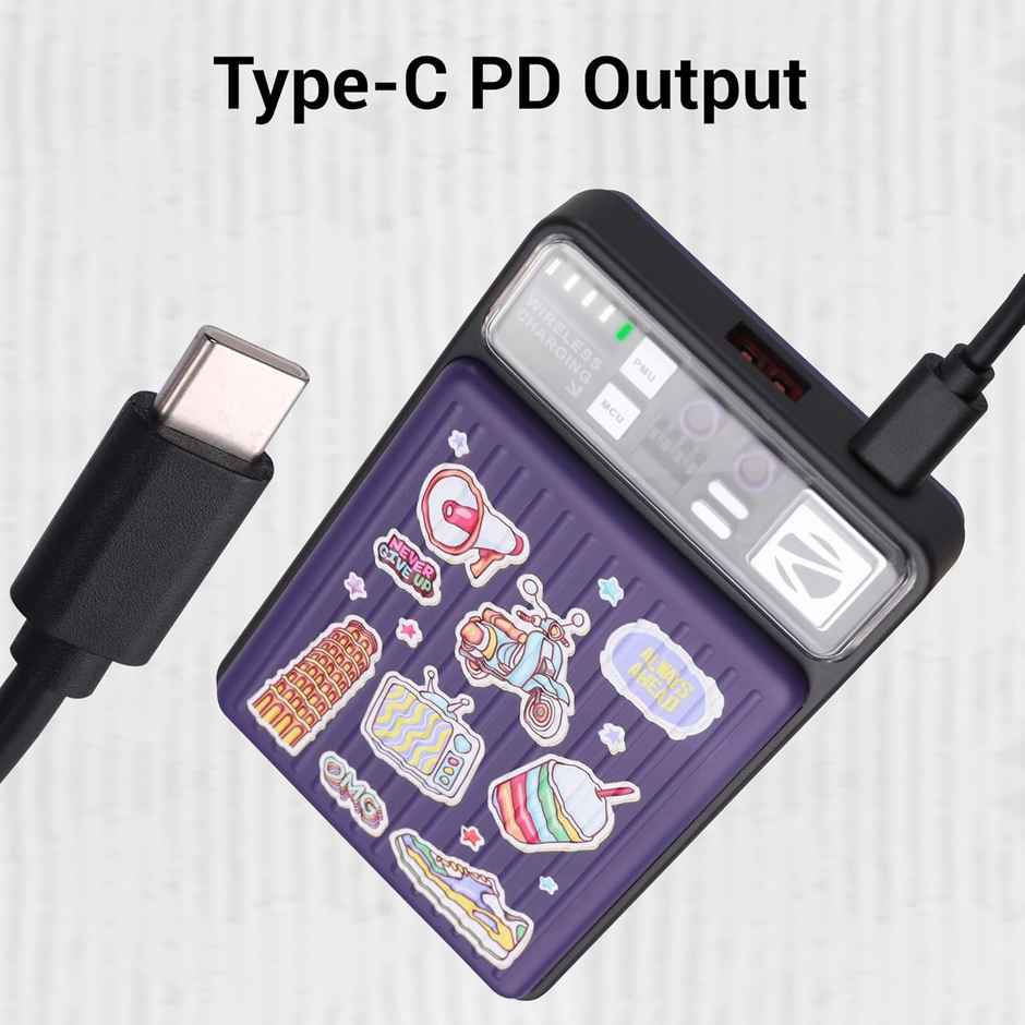 Zebronics MW65 Wireless Power Bank, 10000 mAh, Rapid Charge, Wireless Charging Pad, Type C PD (FUN PURPLE)