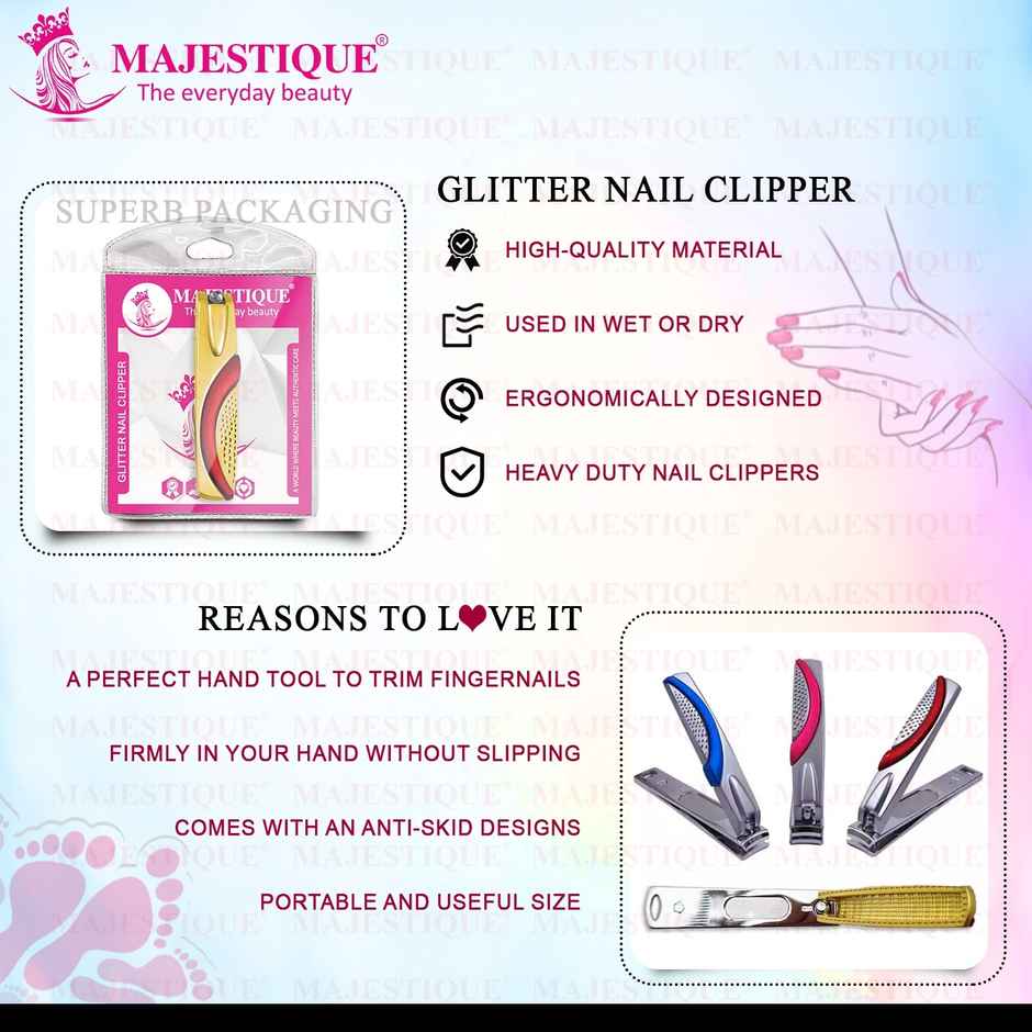 Majestique Glitter Nail Clipper with Comfort Grip - Stainless Steel | Color May Vary
