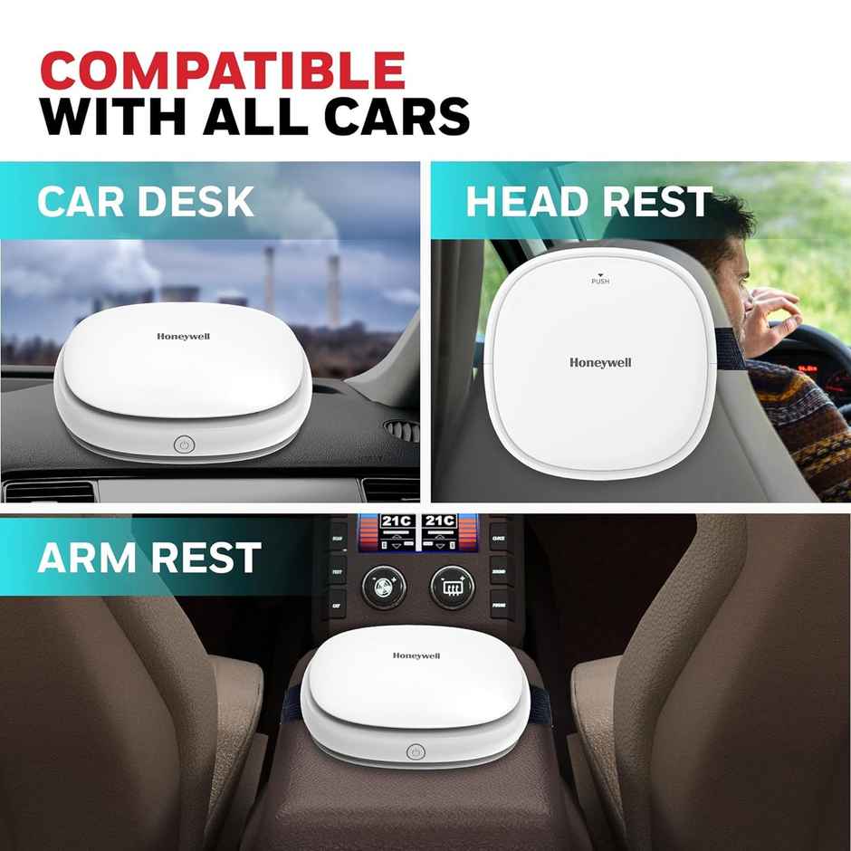 Honeywell Move Pure3 8Watt Car Air Purifier, Hepa filter & Formaldehyde which removes 99.9% dust & smoke, with 3xUSB ports - White