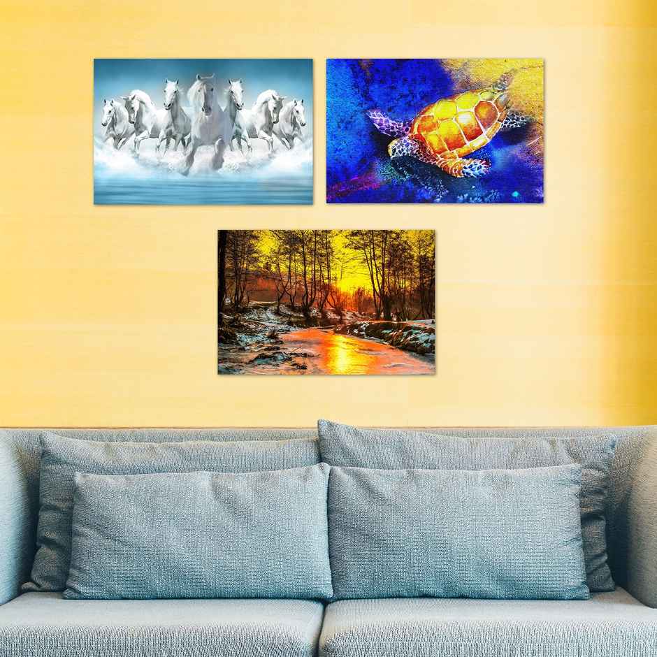 Paper Plane Design Vaastu Seven Running Horses Wall Poster | Set Of 3 | Size 12 x 18 Inch | D20