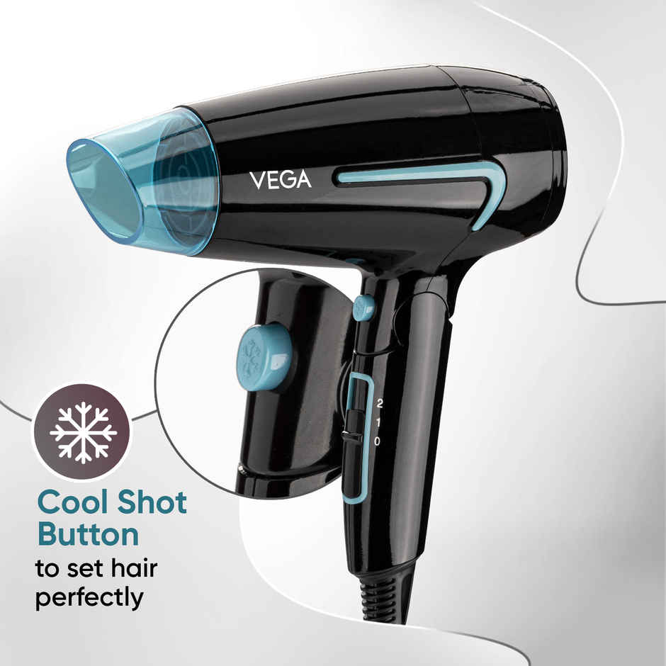 Vega U Style 1400-1600W Foldable Hair Dryer with Cool Shot Button, 2 Speed/Heat Settings, (VHDH-24), With 16 A Plug