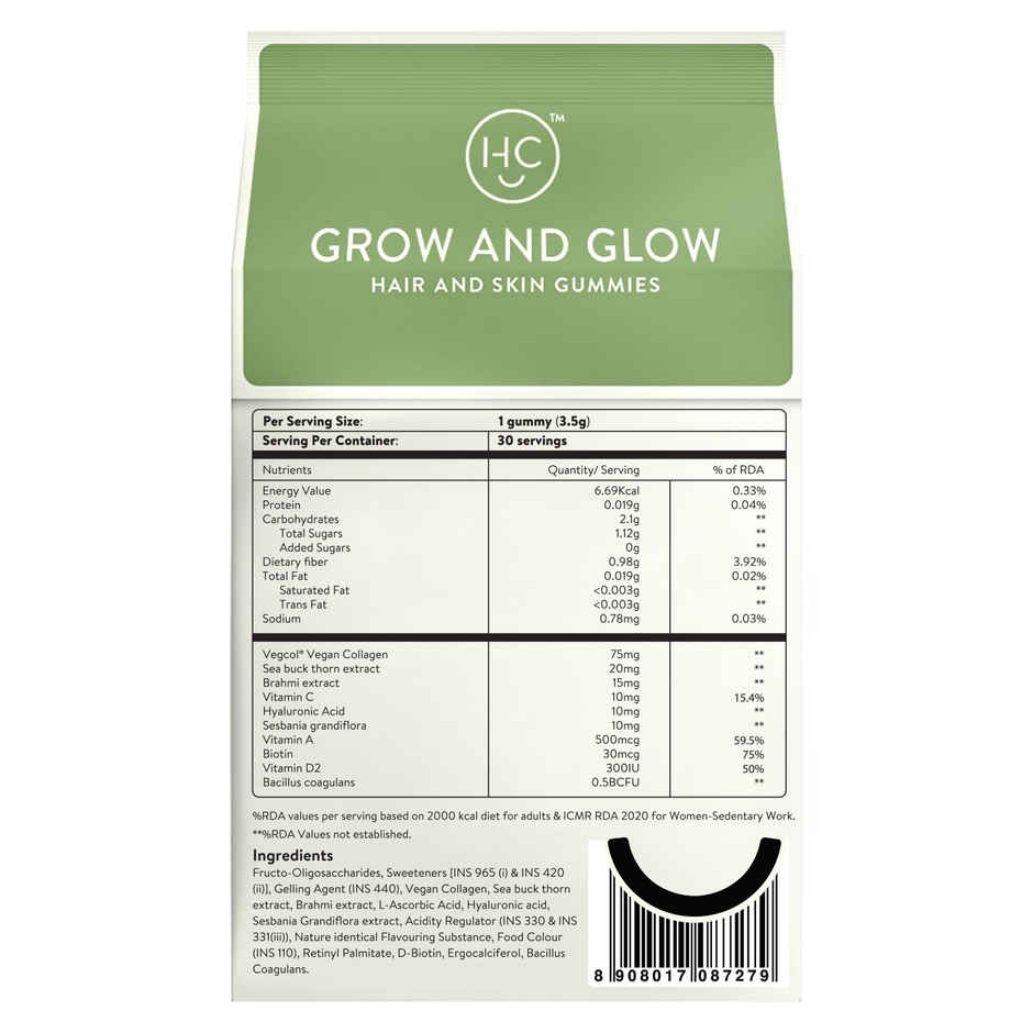Happy Cultures Grow & Glow | Biotin + Collagen | Hair Strength, Skin Glow & Hair Fall Control | 30 Gummies