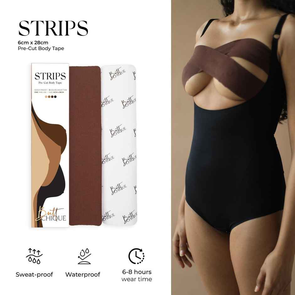 Buttchique Breast Lift Pre-Cut Body Tape Strips (Pack Of 4, Coco) (6 X 28 Cms Strips)
