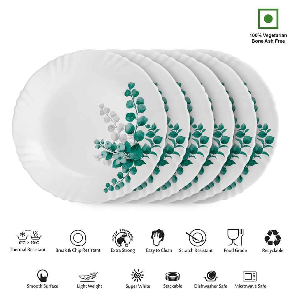 Cello Imperial Aqua Leaves Dinner Plate 11Inch Full Plate Set Of 6 Opal Glass White