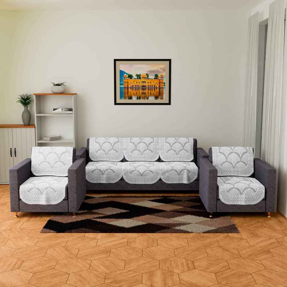 Kuber Industries Cotton Net Rainbow Pattern 5-Seater Sofa Cover for Home Decor|Living room|White