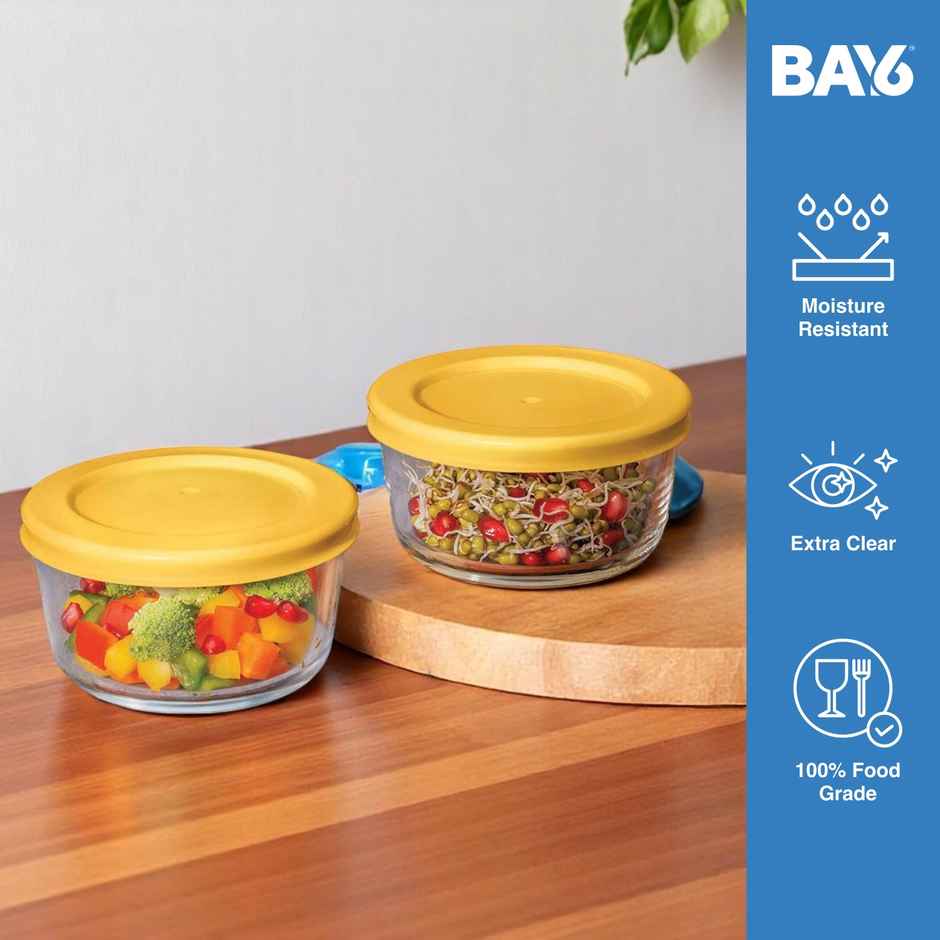 BAY6 Premium Imported Borosilicate Glass Container with Lid -472 ml - Round - Set of 2 - Yellow