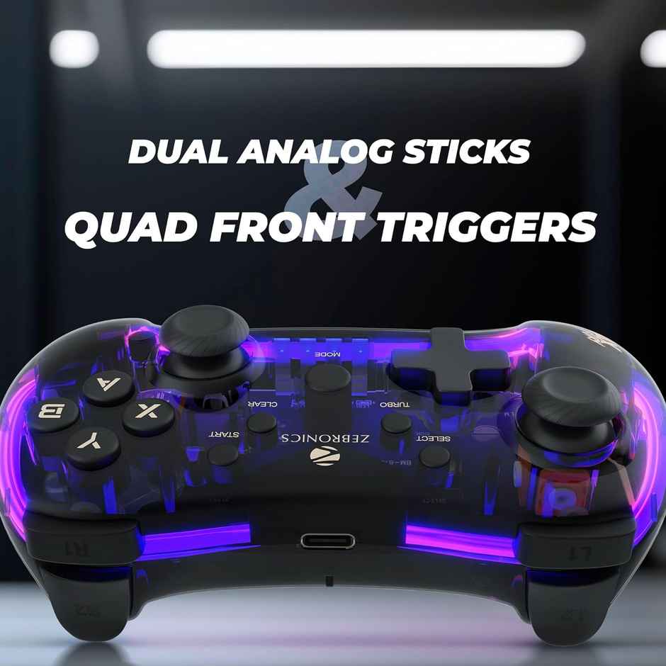 Zebronics MAX FURY Transparent RGB LED Illuminated Wired Gamepad for Windows PC, Android, with Dual analog sticks, Quad front triggers, Dual motors force, Haptic Feedback