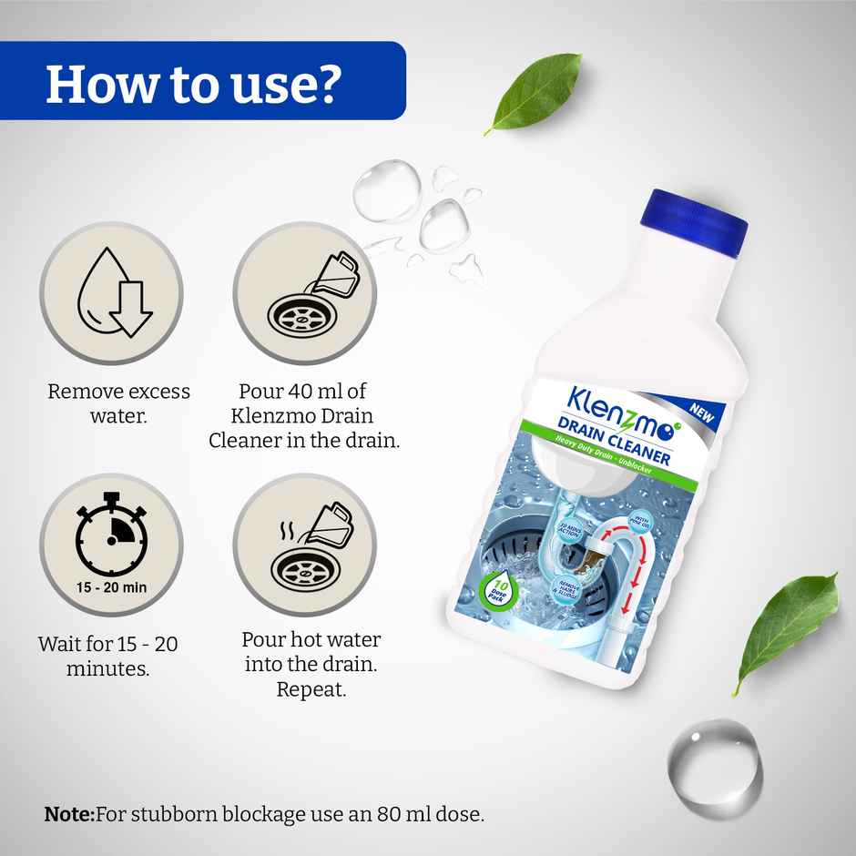 Klenzmo Drain Cleaner Liquid | 10 Doses Removes Blockages In Pipes, Sinks & Septic Tanks