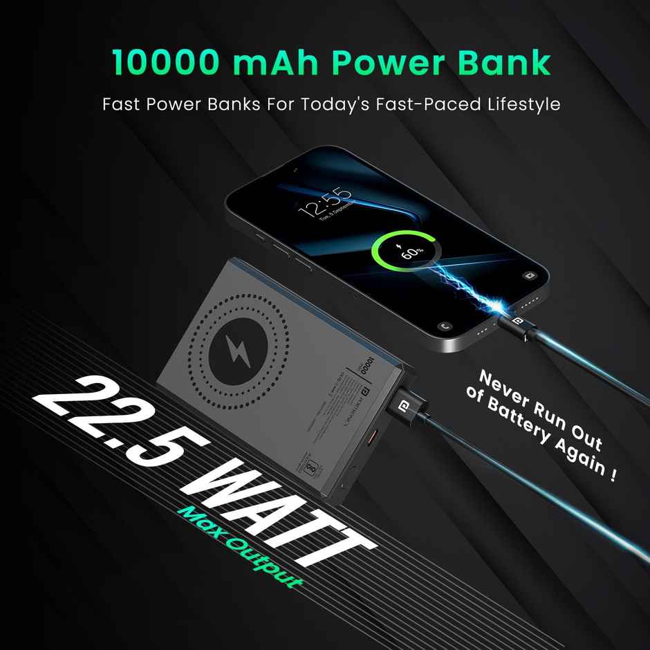 Portronics 15W Magnetic 10000 mAh Wireless Power Bank(Dark Grey)