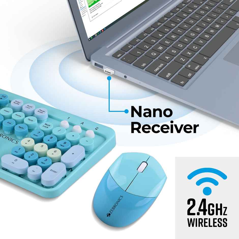 Zebronics Companion 301 2.4Ghz Wireless Keyboard & Mouse Combo With Uv Printed (Aqua Green)