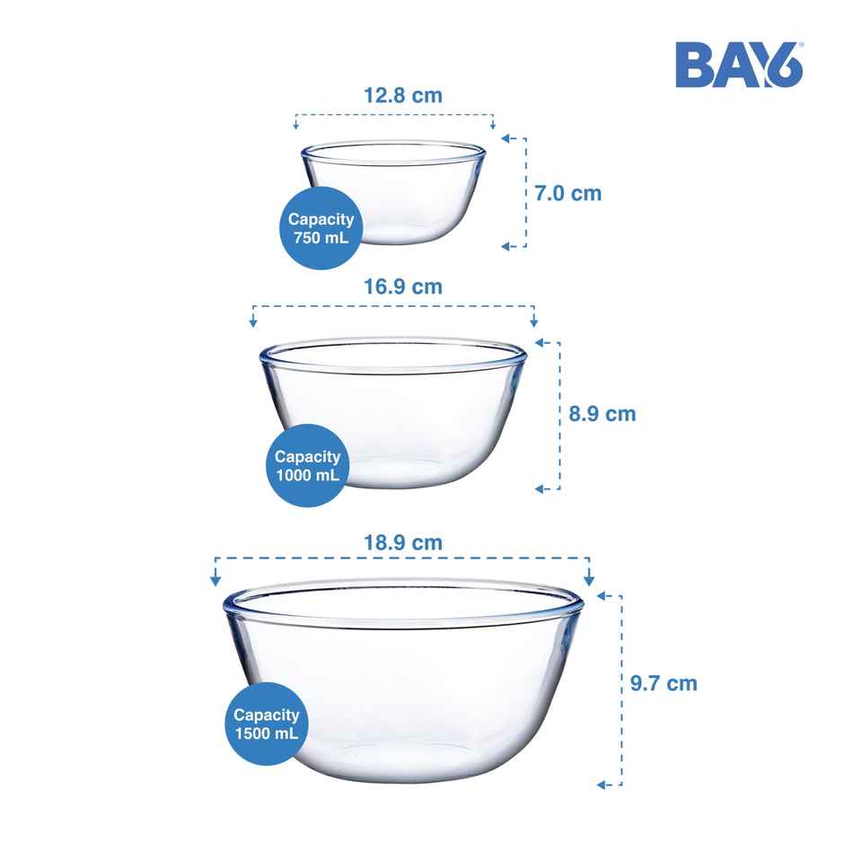 BAY6 Premium Imported Borosilicate Glass Mixing Bowl - Set of 3 -(500ml+1000 ml+1500 ml)
