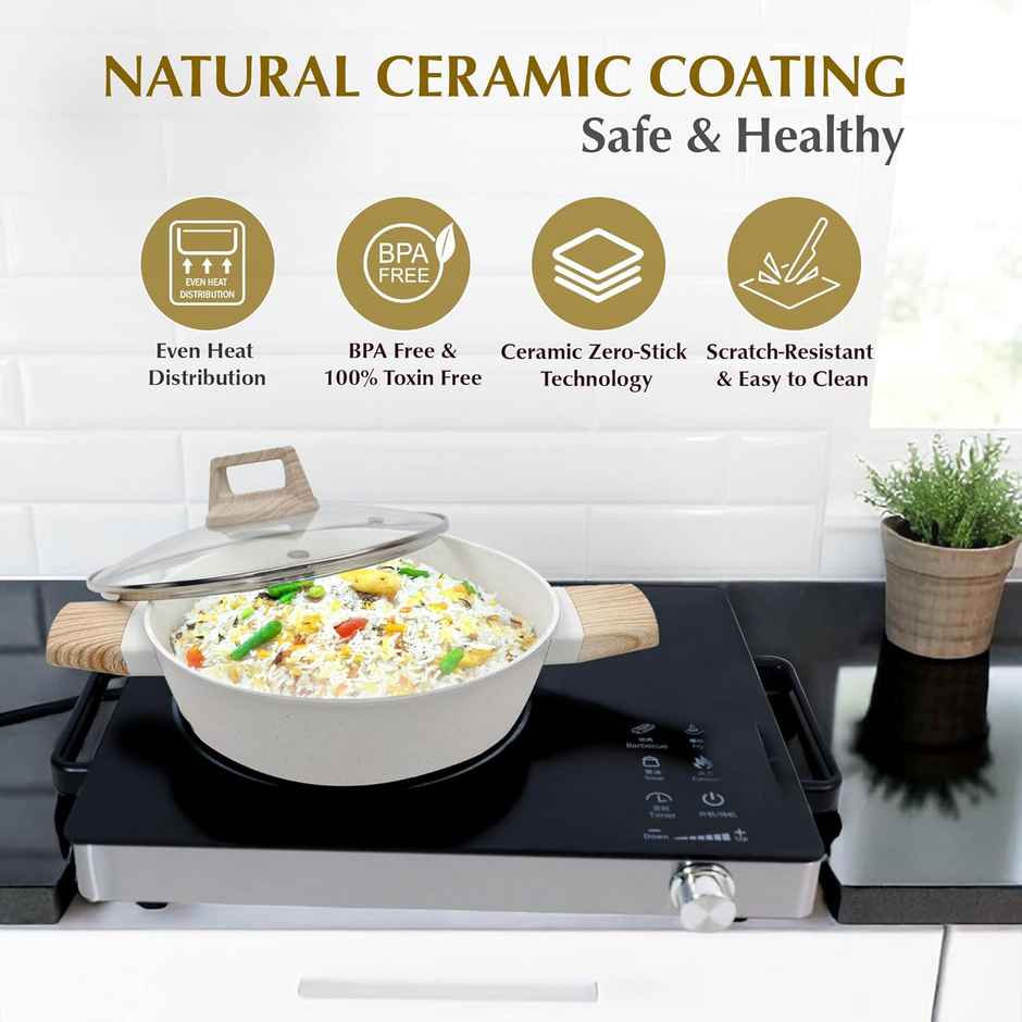 Solara Belmont Ceramic Non Stick Kadhai with Lid | Ivory | 24 cm | 2.2 L