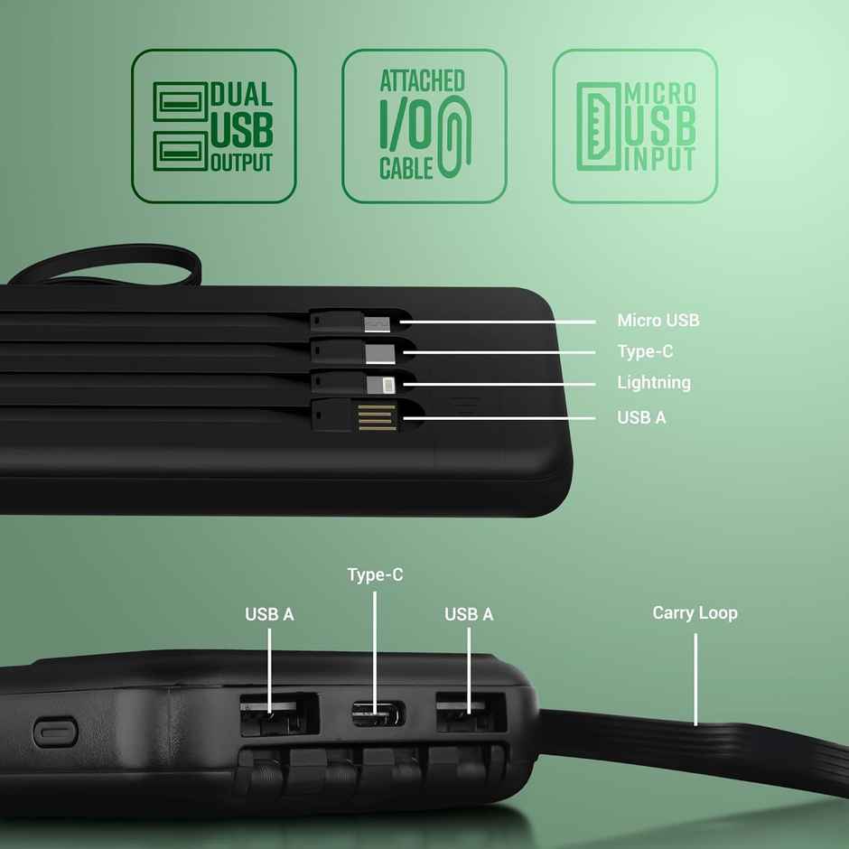 Zebronics MB10000S6 Power Bank, 10000 mAh, 5 x Outputs Built in I/O Cables, Mobile Holder, Carry Loop (Black)