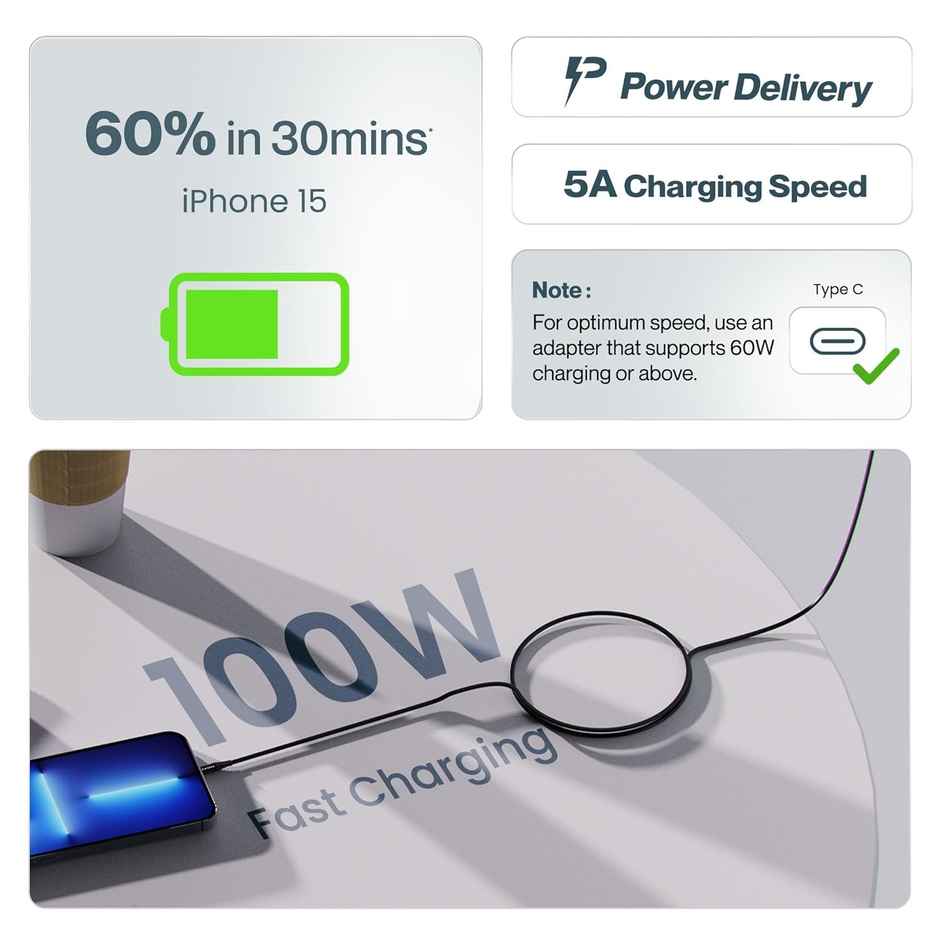 Ambrane (ABCC-100) 100W Type C to C Fast Charging Cable, Braided Cable, 1.5m Length - Black