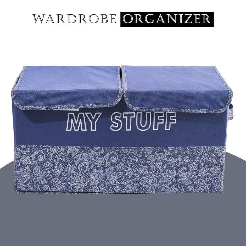 Kuber Industries 2 Compartments Foldable Double Lid Large Wardrobe Organizer | Navy Blue