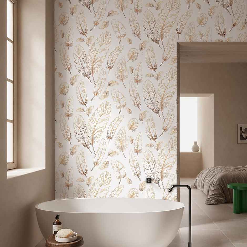 Wollzo Golden Feather Wallpaper Self Adhesive Peel and Stick Wall Decor 45 x 500 cm