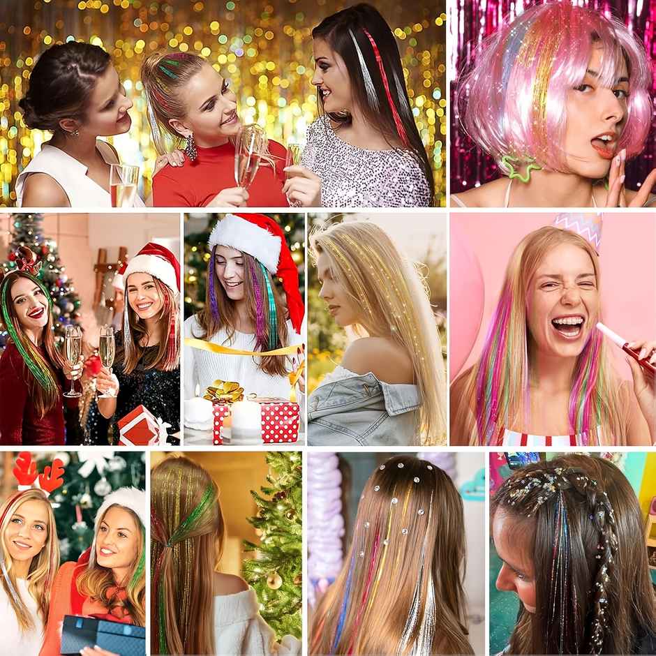 CHRONEX Hair Tinsel Clip In 20 Inch Glitter Heat Resistant Extensions Assorted