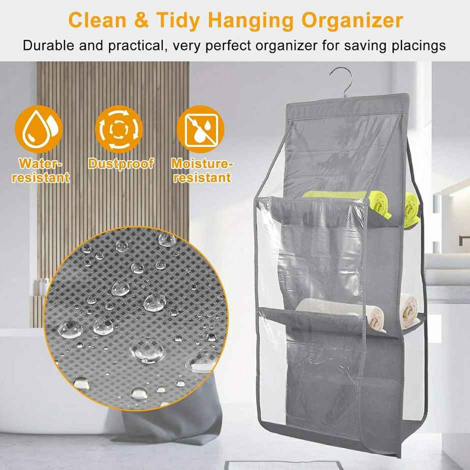 Kuber Industries Dustproof Hanging Handbag Organizer with 6 Compartments & Hanger (Grey | Cotton)