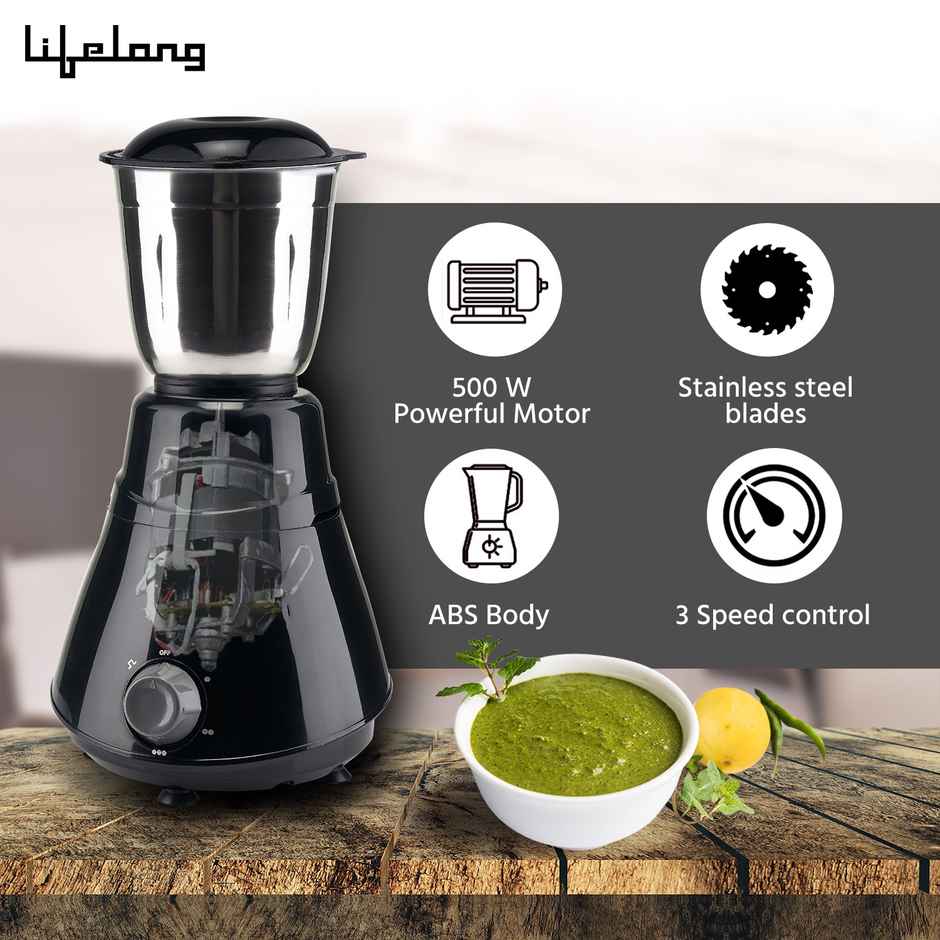 Lifelong LLMG202 Mixer Grinder 500W With 2 Jars For Wet & Chutney Grinding - All Stainless-Steel Blades, Black