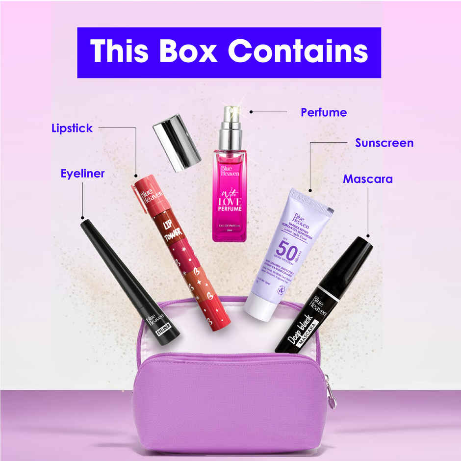 Blue Heaven Glam Ready Beauty Gift Set With Pouch | Lipstick, Eyeliner, Mascara, Perfume, Sunscreen