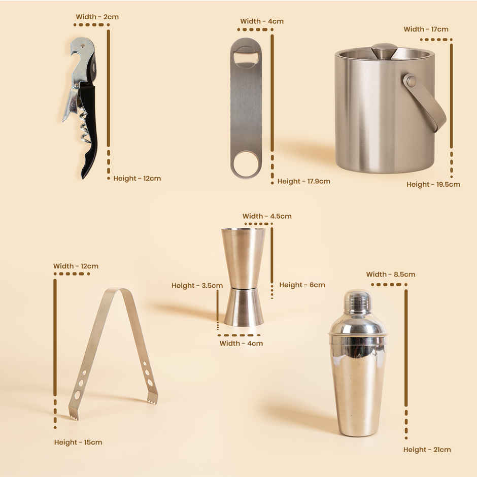 Picfest Complete Bar Set 6 Pc Shaker, Peg Measure, Wine Opener, Bottle Opener, Ice Tong, Ice Bucket