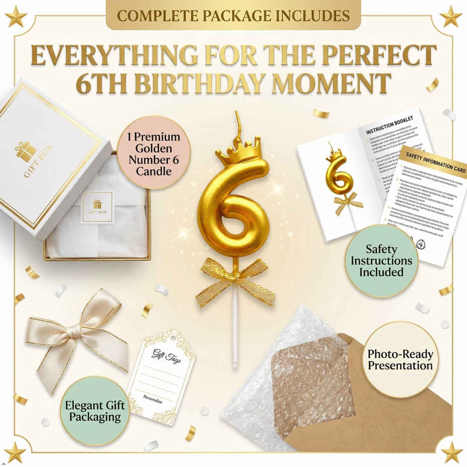 BeyondLuv Candles for Kids Birthday Party 6 Golden Number Candle With Crown