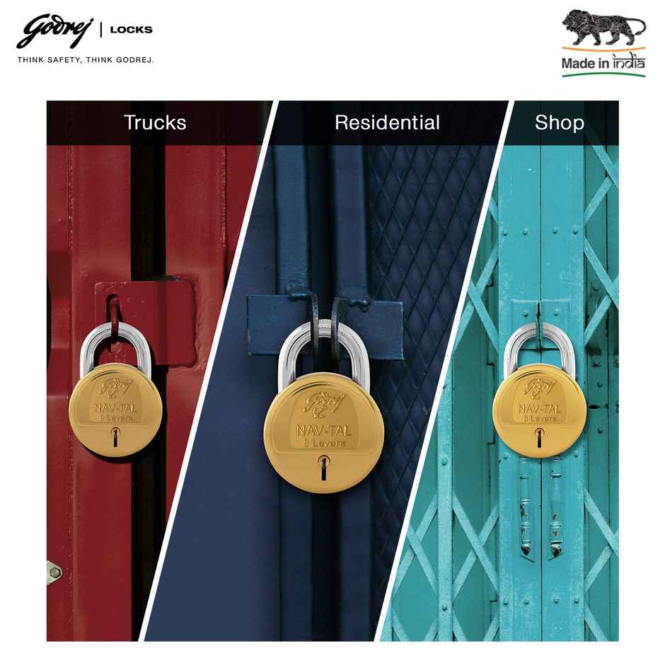 Godrej Navtal 8 Levers 85mm Padlock | 3 Keys | For Main Door, Gate, Tool Box | Brass Finish