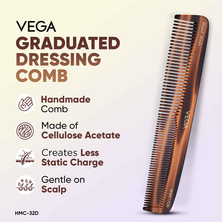 Vega Handcrafted Graduated Dressing Hair Comb made with Cellulose Acetate for Men & Women (HMC-32D)