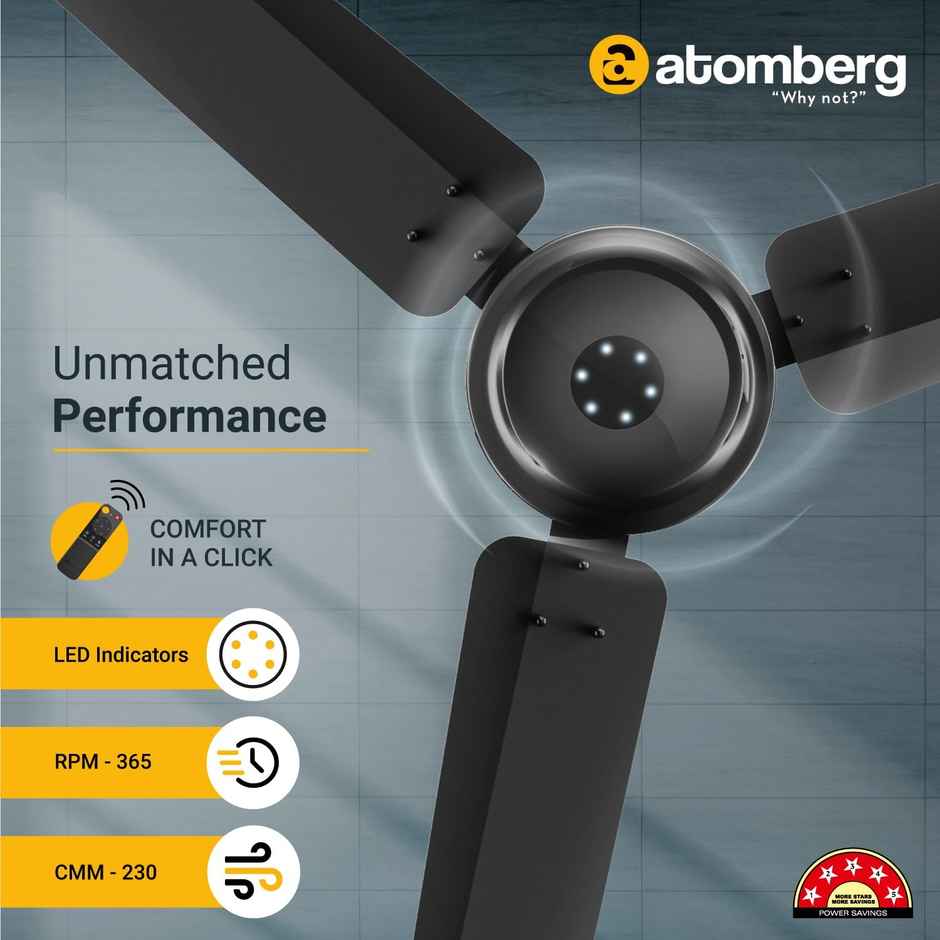 Atomberg Efficio Alpha BLDC Ceiling Fan, 1200mm, Remote Control, BEE 5 star Rated, Gloss Black