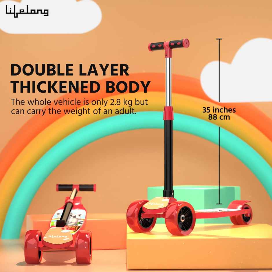 Lifelong Foldable Kick Scooter with Adjustable Height | Max 50 kg | Red & Black