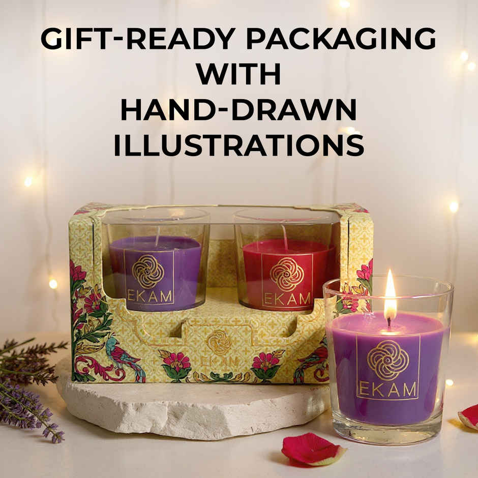 EKAM Scented Votive Candles (2 pcs) | Lavender & Sandalwood, Rose & Lily | 43g Each | 10H Burn