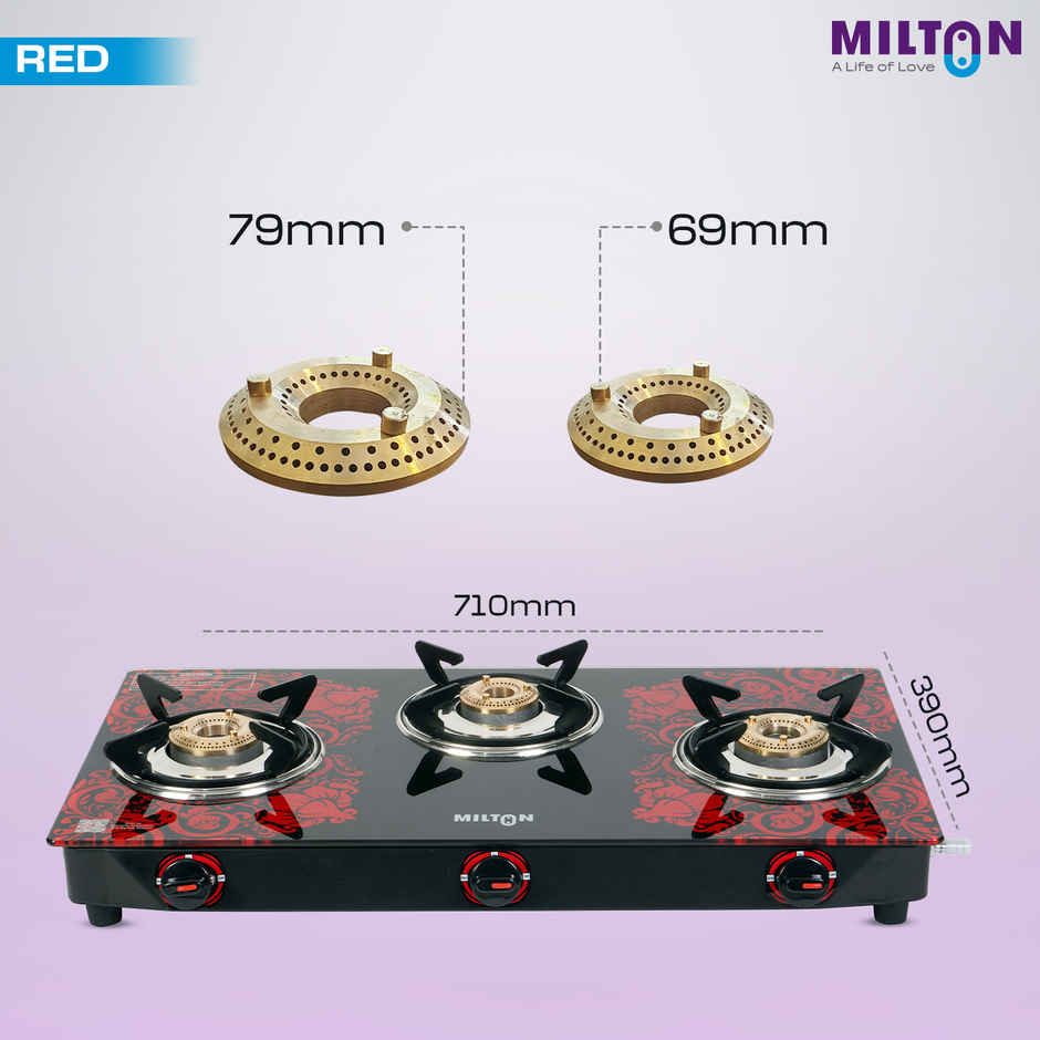 Milton Premium Red Manual Ignition Glass Top Gas Stove | ISI Certified | 3 Burner