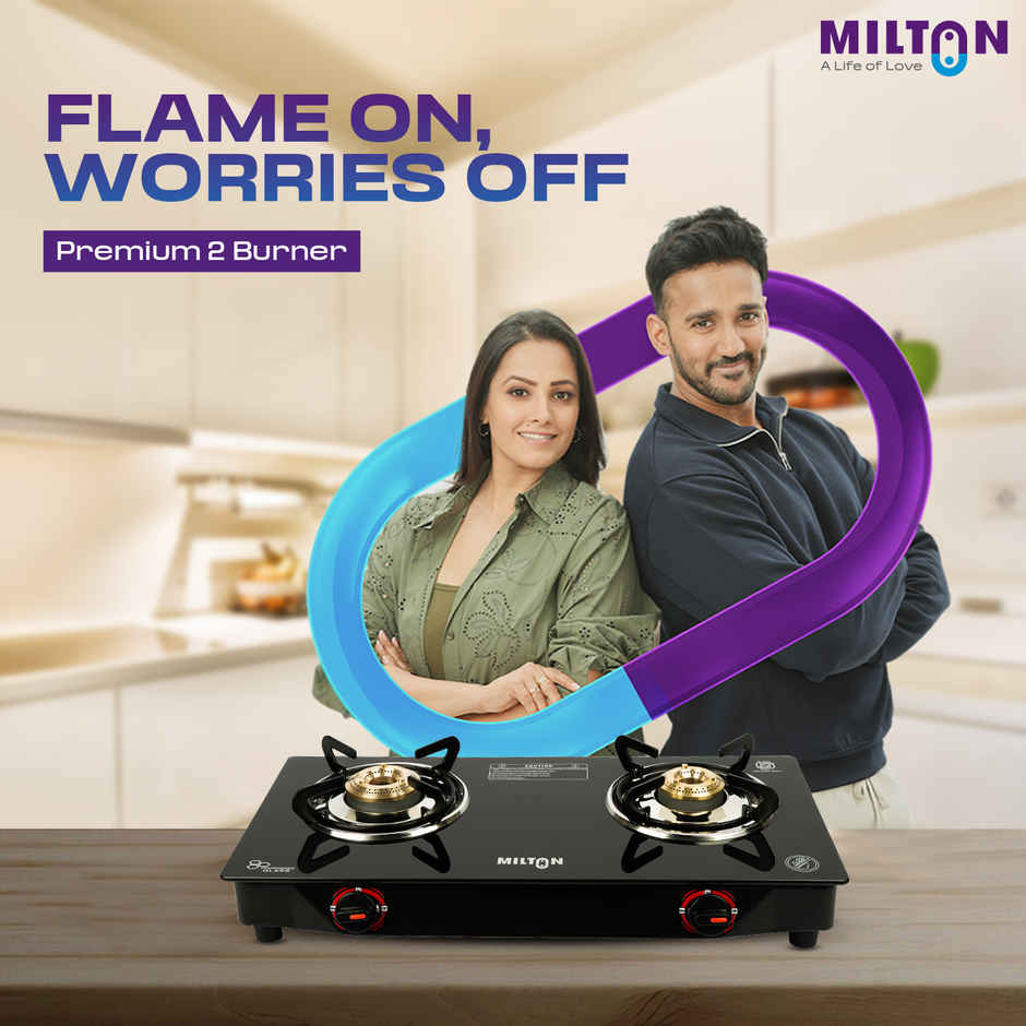 Milton Premium 2 Burner Black Manual Ignition LPG Glass Top Gas Stove, | ISI Certified