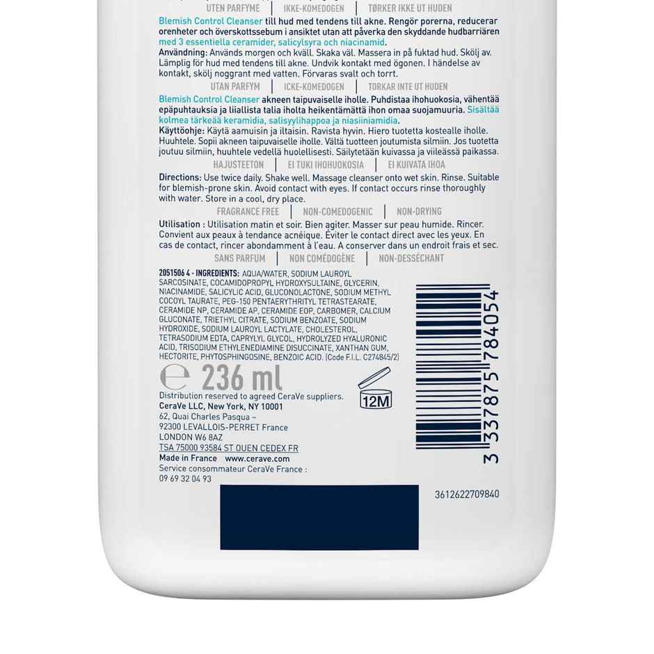 CeraVe Blemish Control Cleanser Face Wash With 2% Salicylic Acid & Niacinamide For Acne-Prone Skin