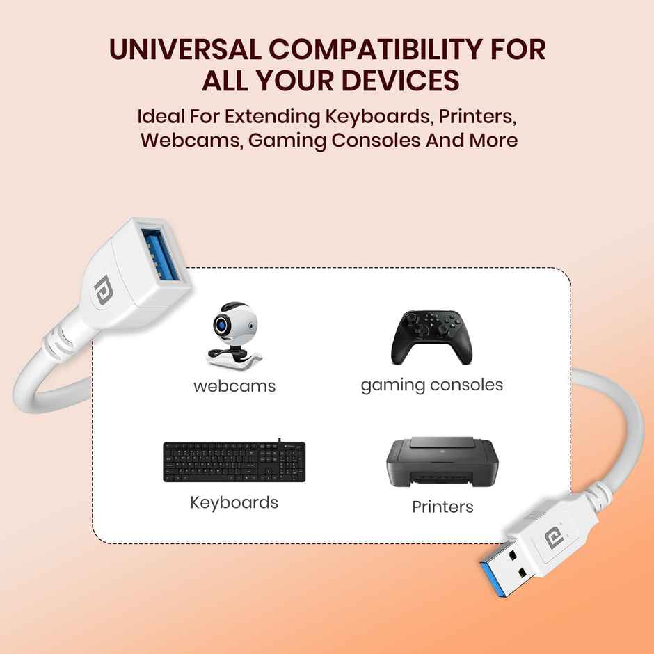 Portronics Uniconnect 3M USB Extension Cable | Durable PVC | Fast Data & Charging | White