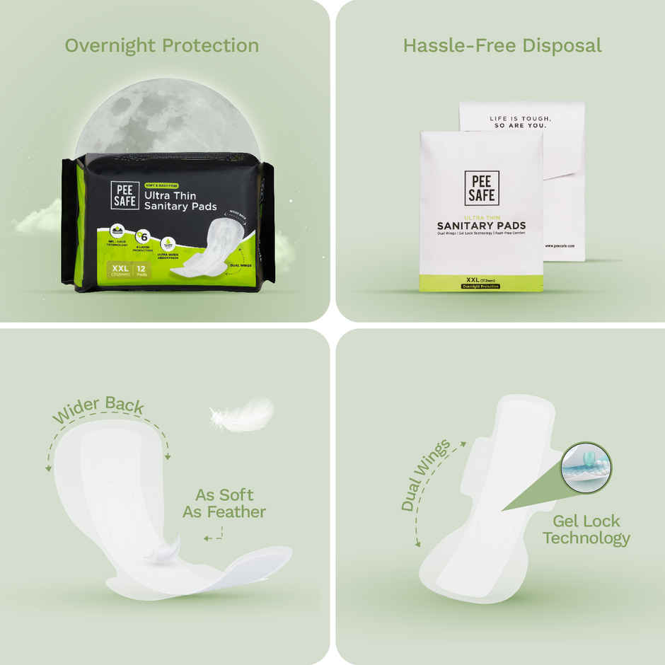 Pee Safe Ultra Thin Rash Free Sanitary Pads - | With Paper Disposal Covers | XXL | 12 pcs