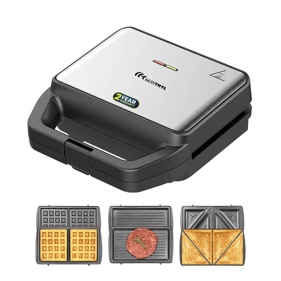 truTRTL Premium 3-in-1 Sandwich Maker Electric with Detachable Plates| 800W| Silver