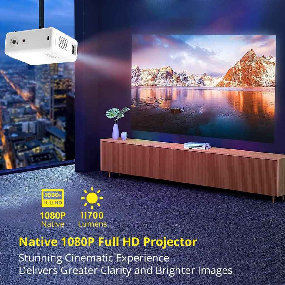 WZATCO Yuva Plus (Upgraded) Native 1080P Full HD Projector with 4K Support, 11700 Lumens, 250" Screen | 5 Watt HiFi Speaker, Bluetooth 5.1 | Slide Lens Door - White